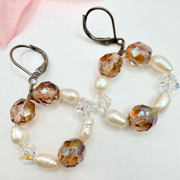 Freshwater Pearl Smokey AB Glass Crystal Bead Circle Wreath Dangle Earrings - Picture 1 of 8